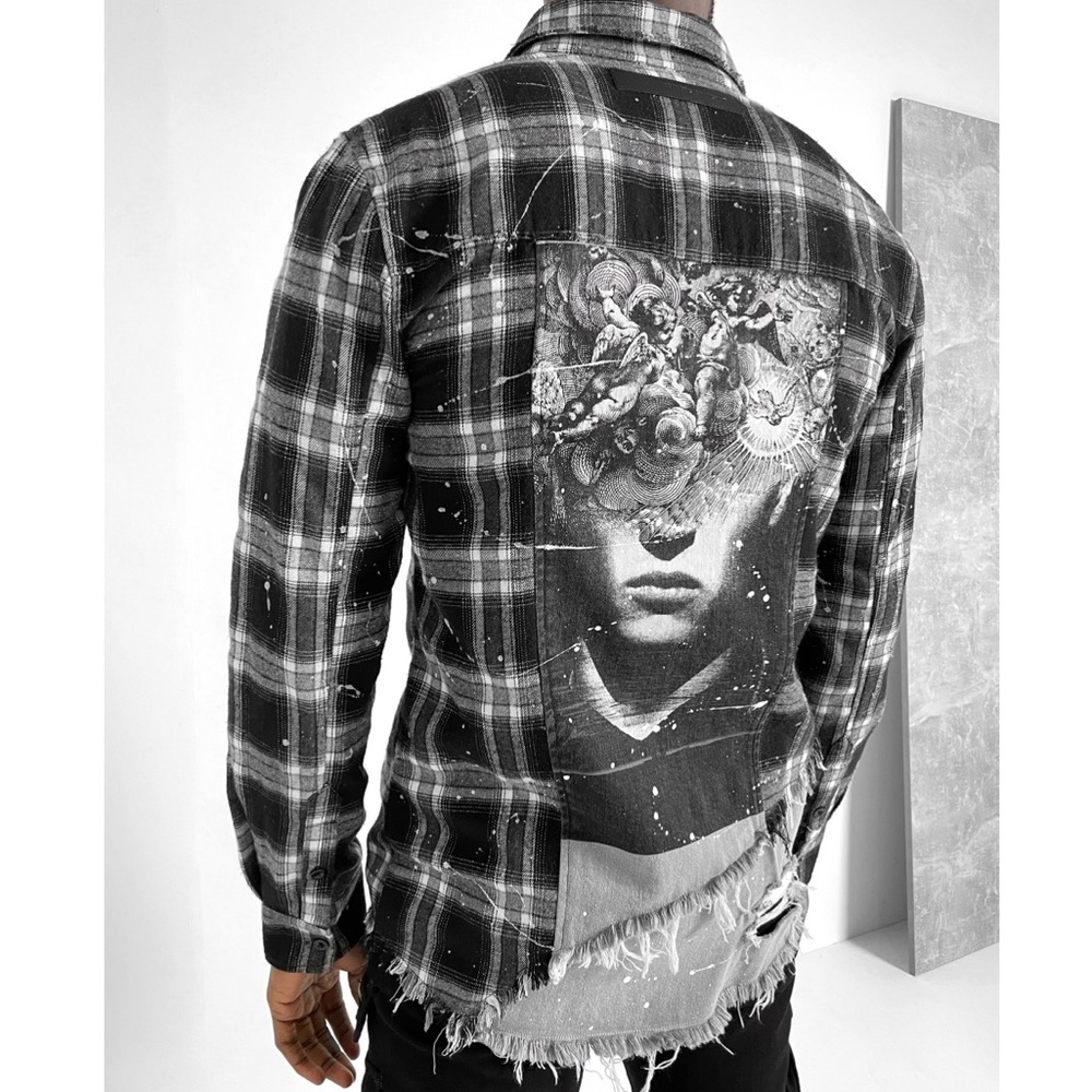 Manière De Voir Paint Splatter Check flannel & Denim Shirt | Mens Small